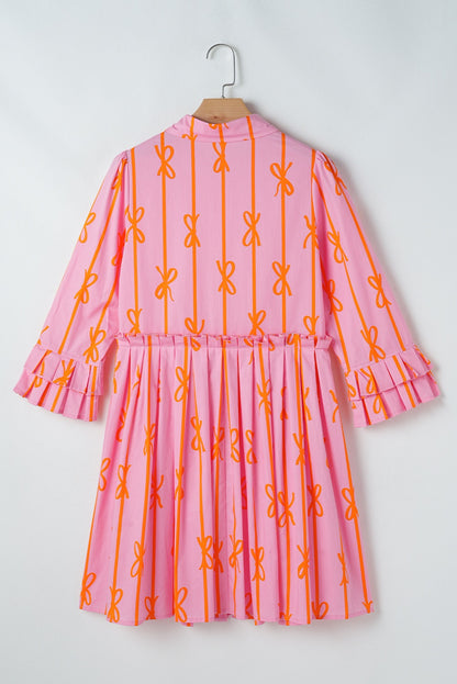 Pink Bowknot Striped Tiered Ruffled Mini Shirt Dress