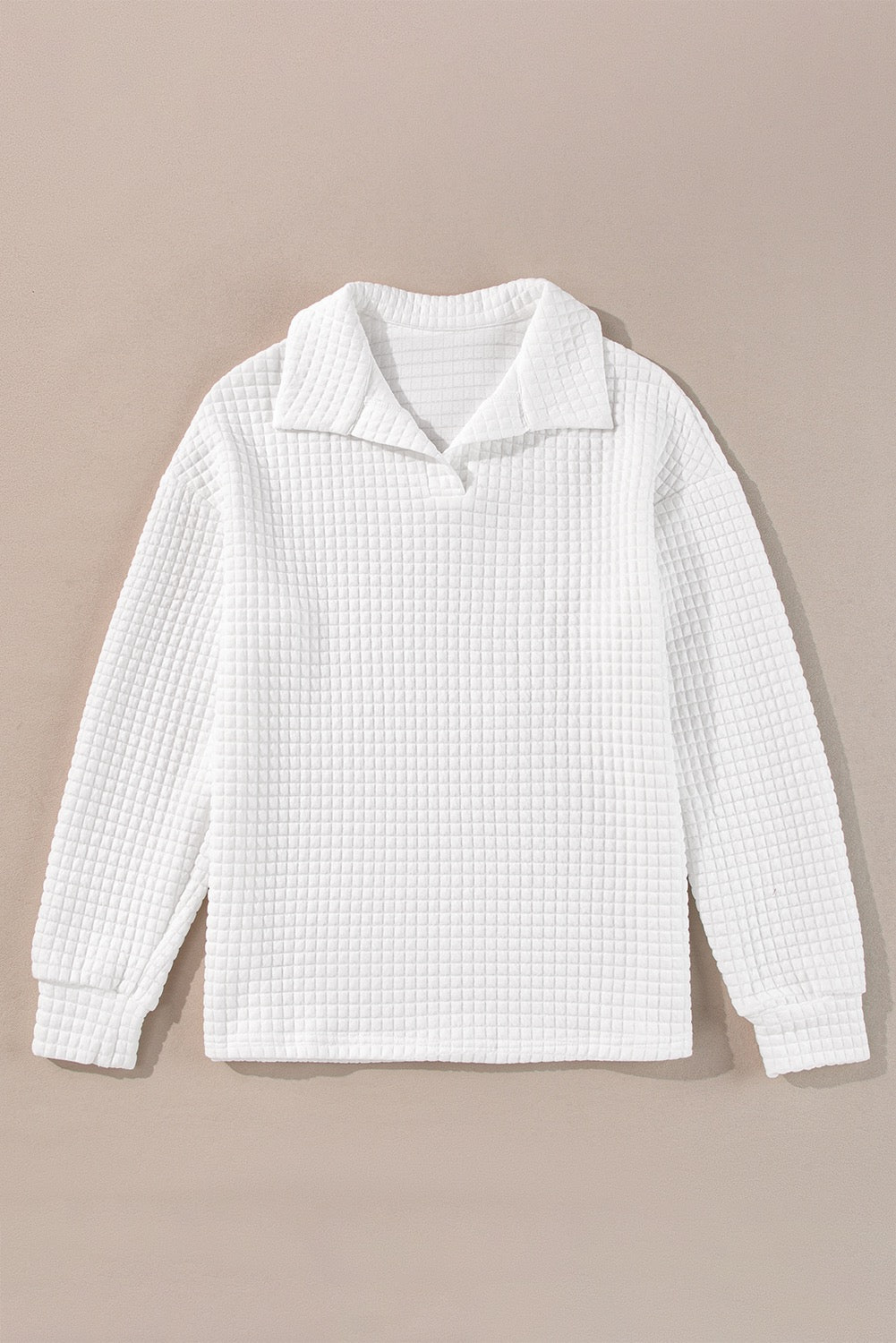 White Quilted Texture Sporty Collar Long Sleeve Top