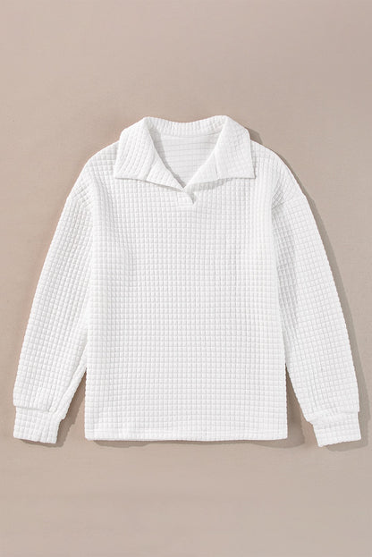 White Quilted Texture Sporty Collar Long Sleeve Top