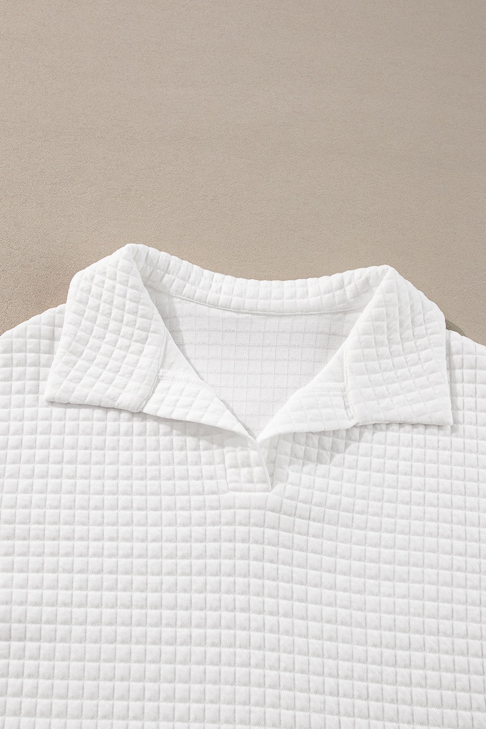 White Quilted Texture Sporty Collar Long Sleeve Top