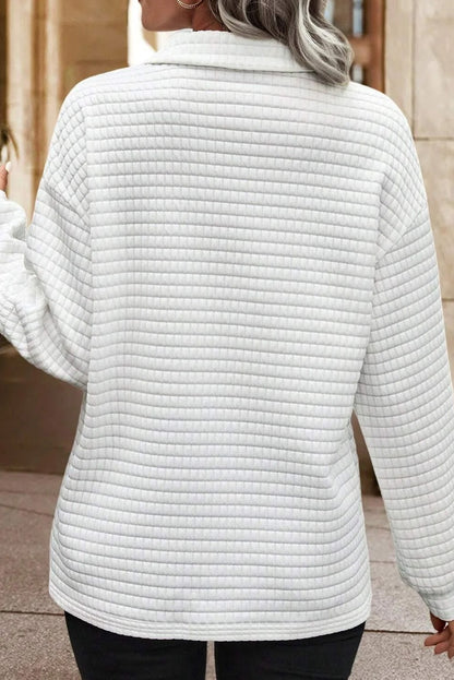 White Quilted Texture Sporty Collar Long Sleeve Top