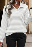 White Quilted Texture Sporty Collar Long Sleeve Top