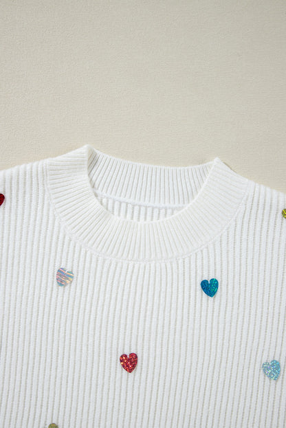 Beige Sequin Heart Shape Waffle Knit Round Neck Sweater