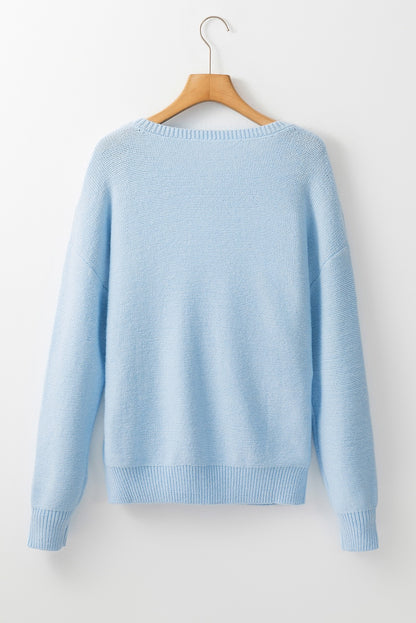 Light Blue Knitted Flower Pattern Sweater