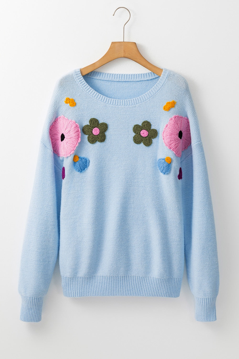 Light Blue Knitted Flower Pattern Sweater