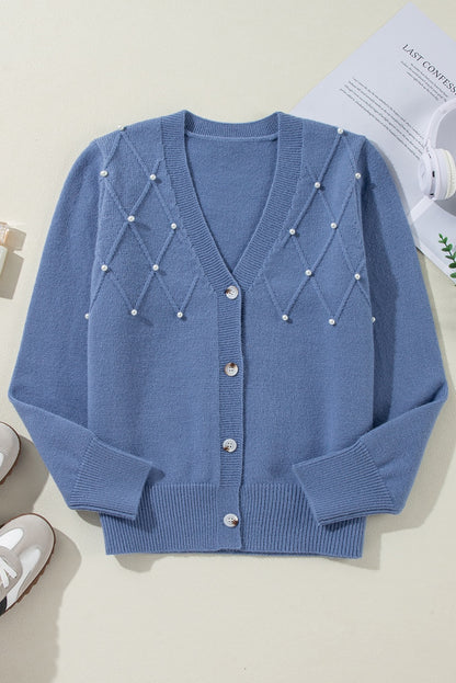 Blue Textured Knit Pearl Beaded Cardigan