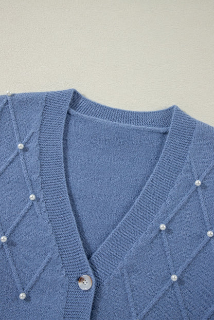 Blue Textured Knit Pearl Beaded Cardigan