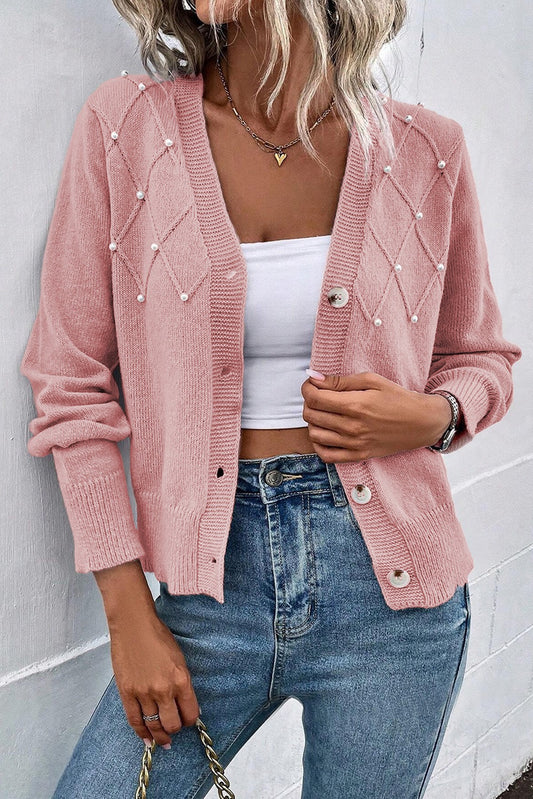 Rose Textured Knit Pearl Beaded Cardigan