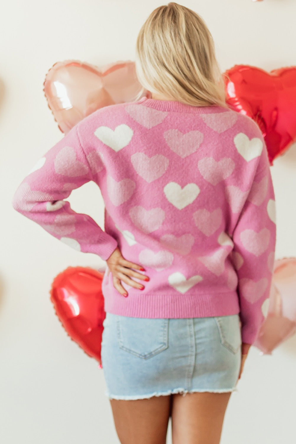 Pink Pearled Heart Print Valentines Crewneck Sweater