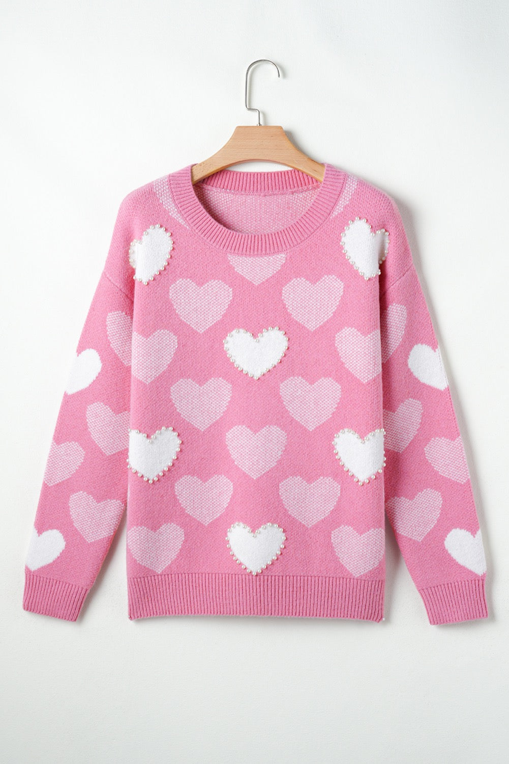 Pink Pearled Heart Print Valentines Crewneck Sweater