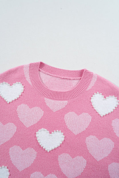 Pink Pearled Heart Print Valentines Crewneck Sweater