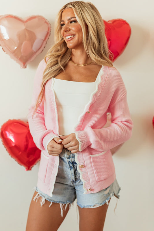 Pink Ribbed Knit Scalloped Edge Cardigan