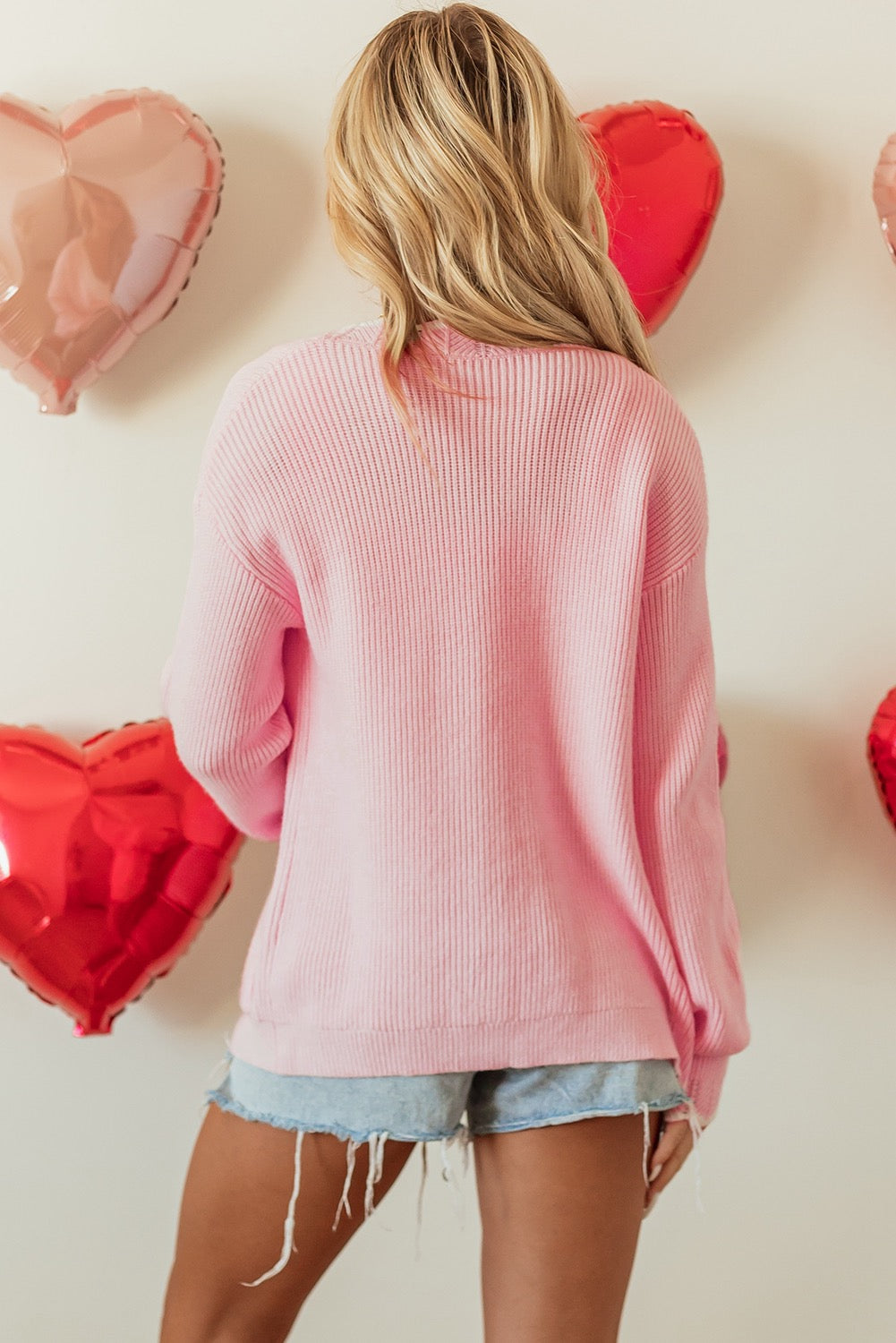 Pink Ribbed Knit Scalloped Edge Cardigan