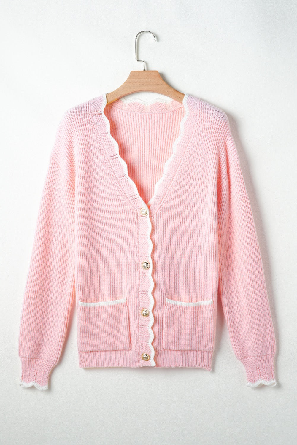 Pink Ribbed Knit Scalloped Edge Cardigan