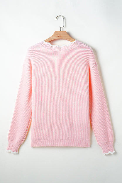 Pink Ribbed Knit Scalloped Edge Cardigan