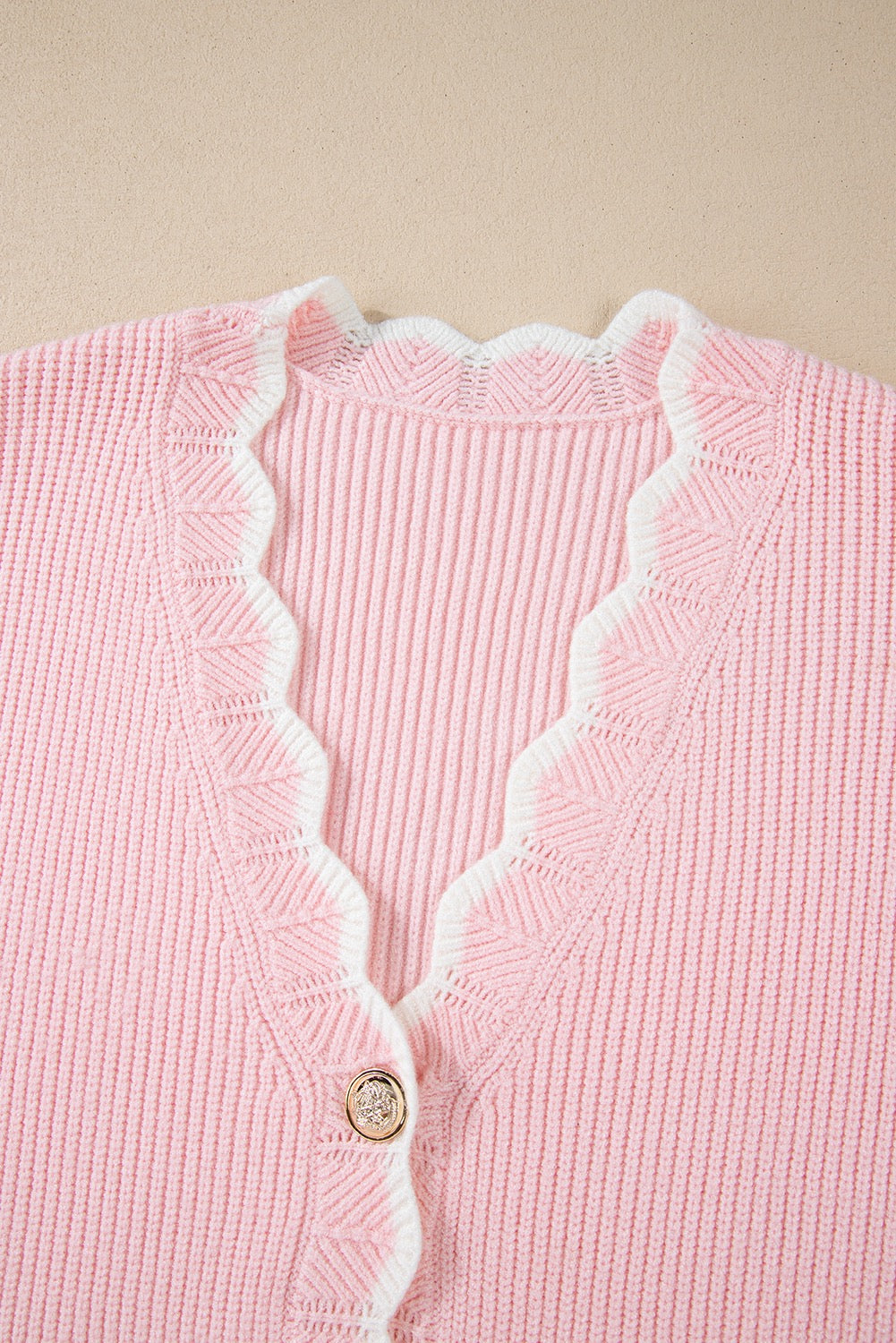 Pink Ribbed Knit Scalloped Edge Cardigan