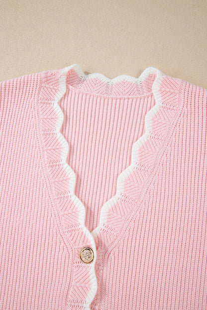 Pink Ribbed Knit Scalloped Edge Cardigan