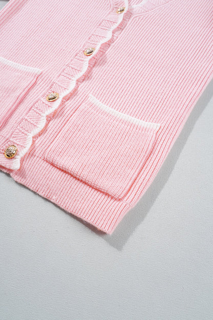 Pink Ribbed Knit Scalloped Edge Cardigan