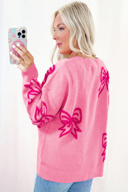 Pink Bow Pattern Drop Shoulder Loose Fit Sweater