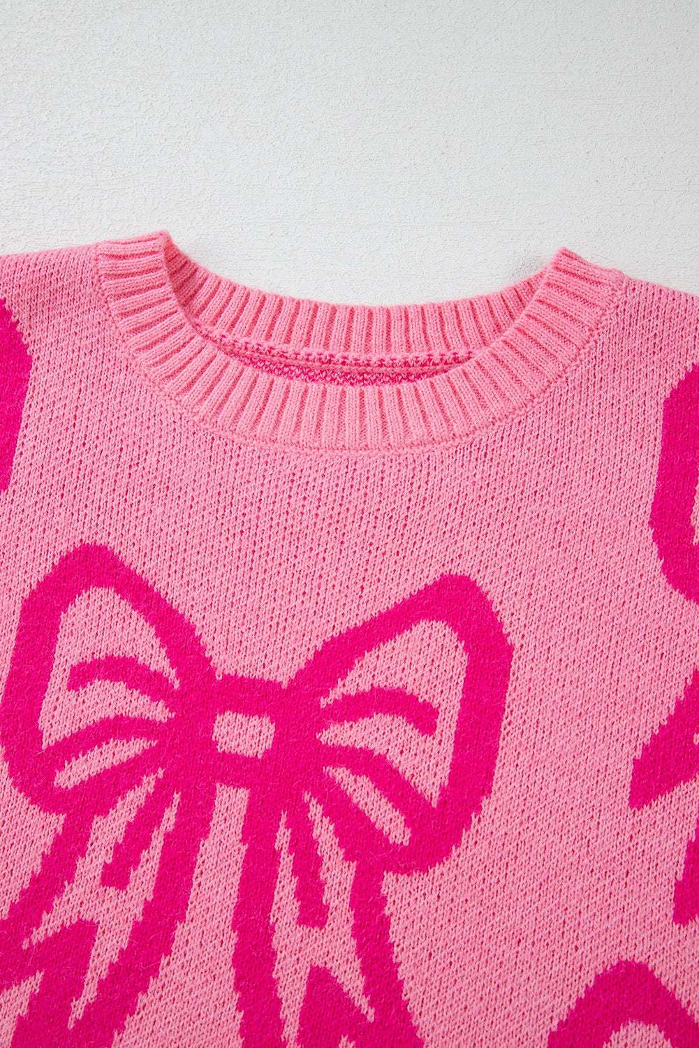 Pink Bow Pattern Drop Shoulder Loose Fit Sweater