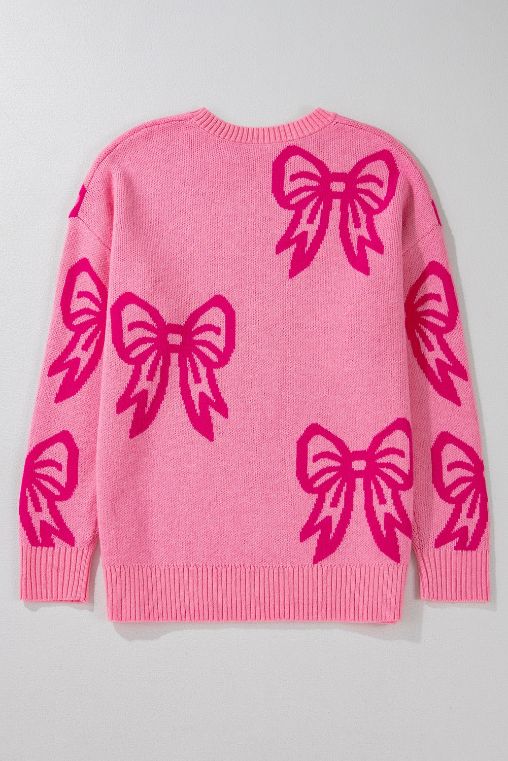 Pink Bow Pattern Drop Shoulder Loose Fit Sweater