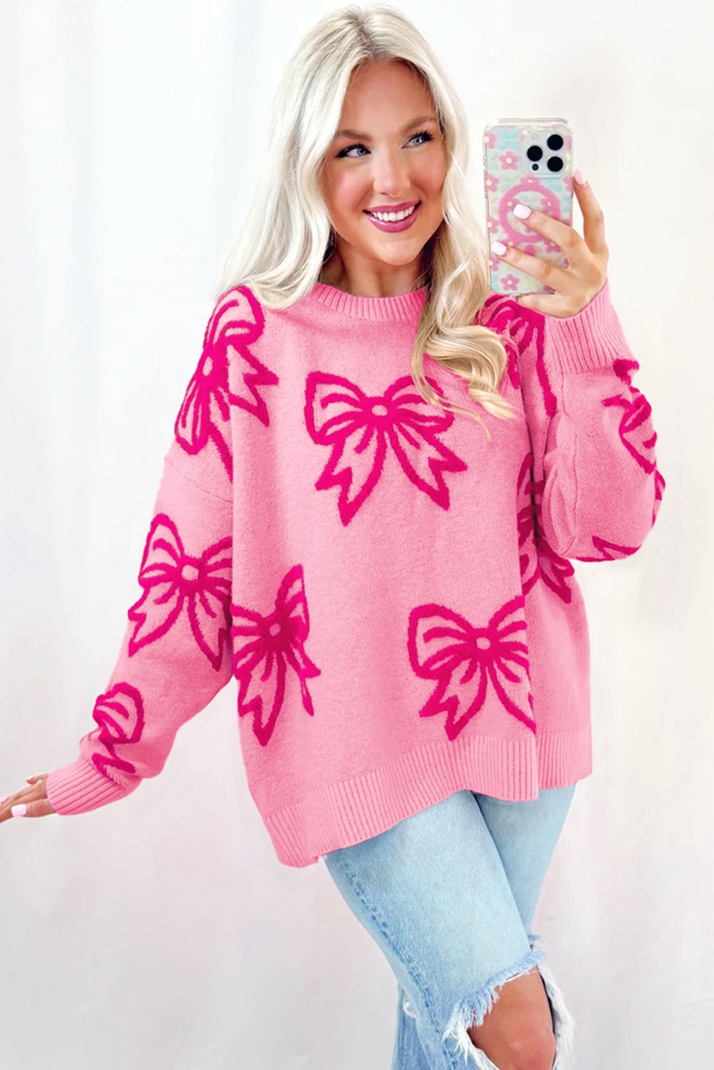 Pink Bow Pattern Drop Shoulder Loose Fit Sweater