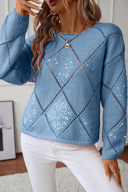 Rhombus Pattern Sequin Detail Round Neck Sweater