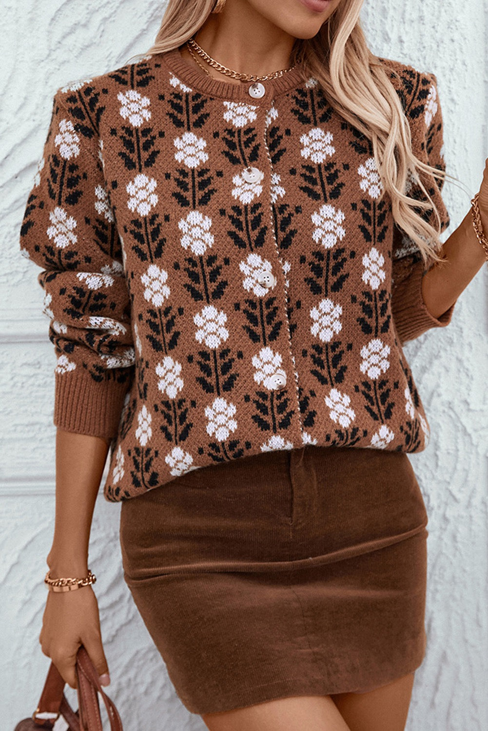 Coffee Floral Print Buttoned Cardigan