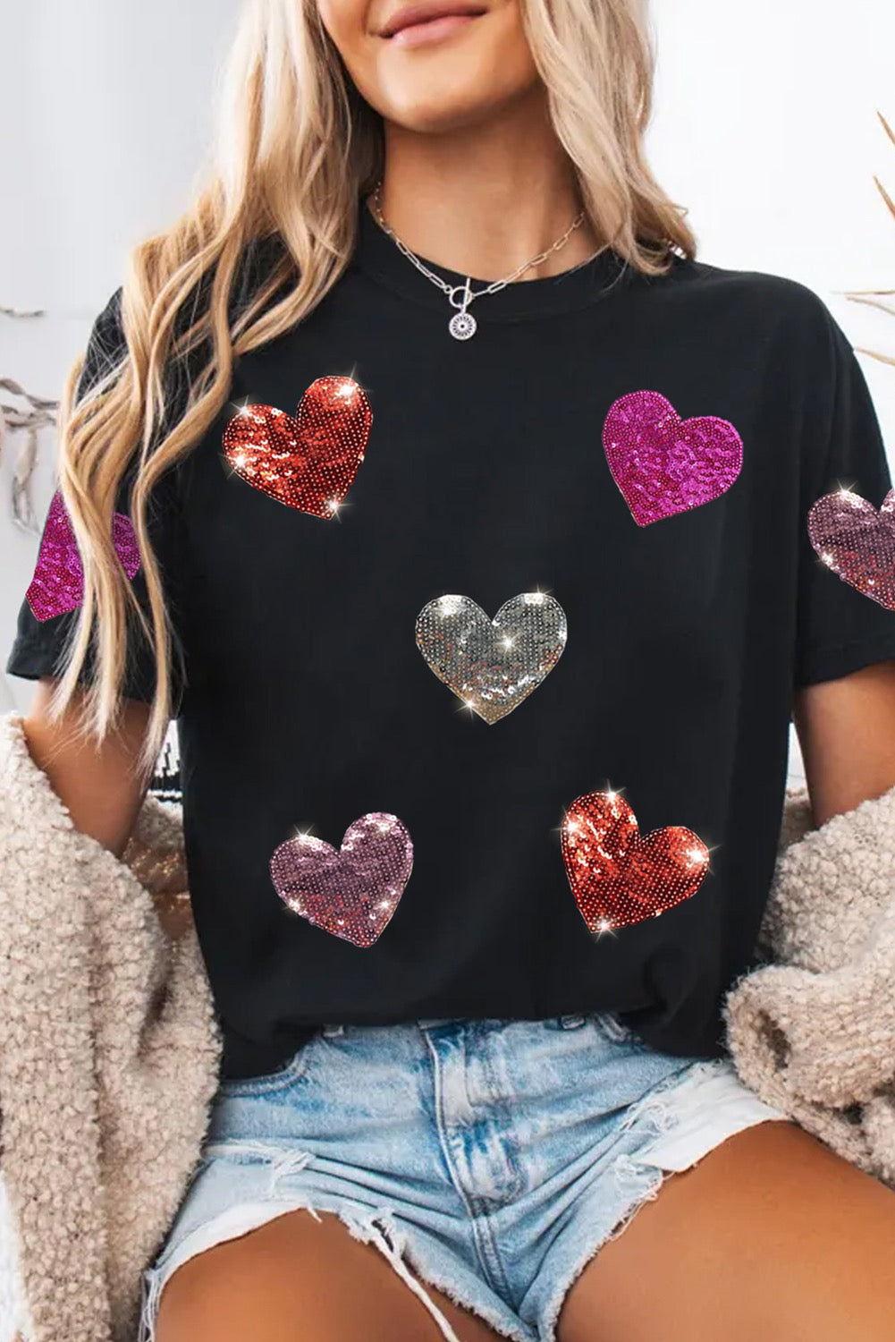 Black Sequined Heart Pattern Crewneck Valentines Tee