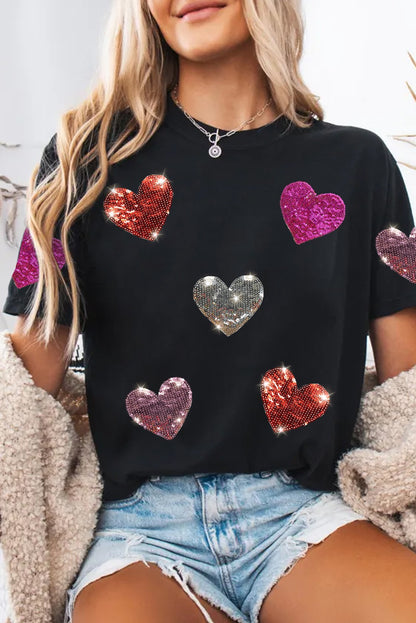 Black Sequined Heart Pattern Crewneck Valentines Tee