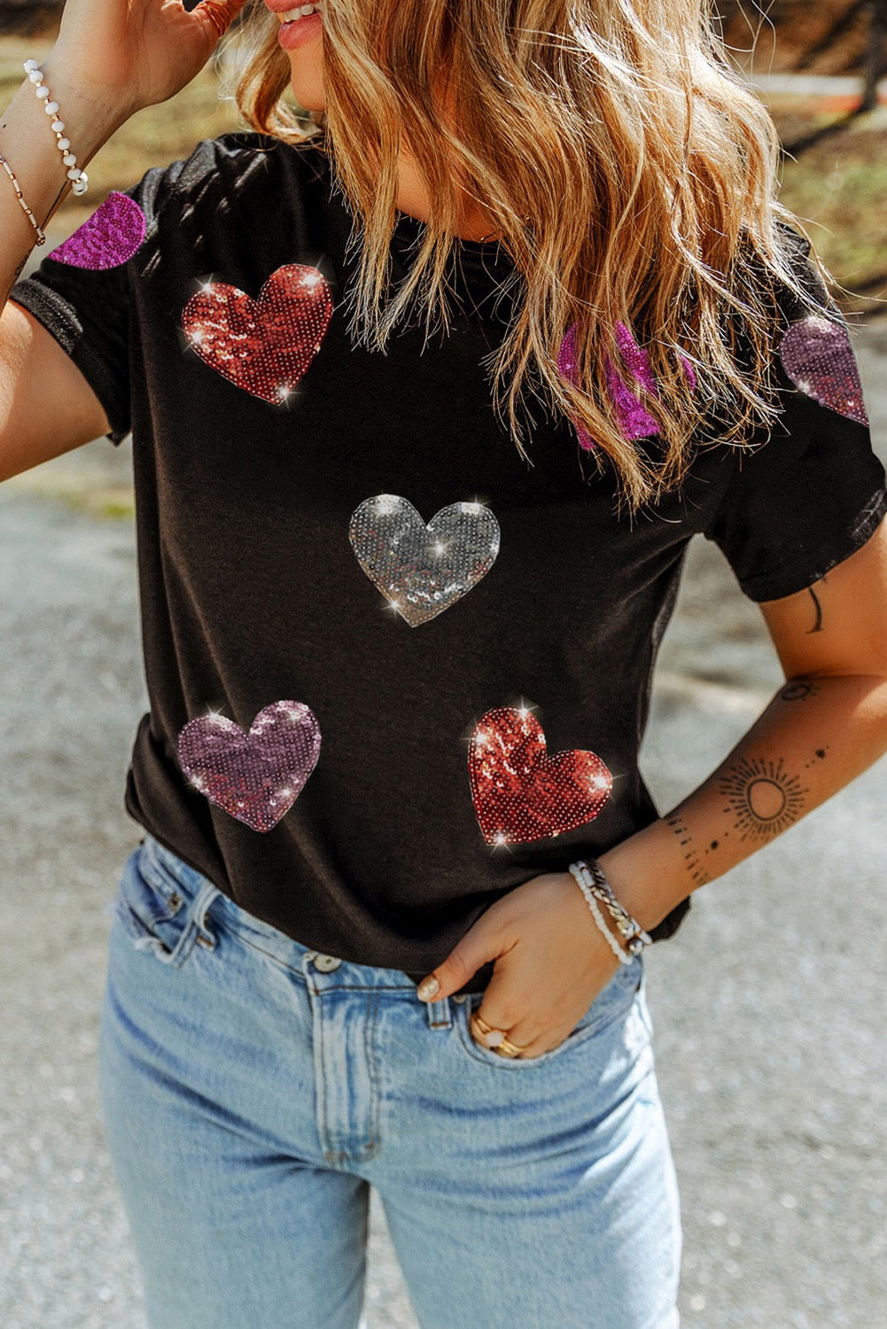 Black Sequined Heart Pattern Crewneck Valentines Tee