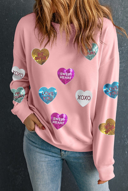 Pink Sequin Letters Heart Graphic Valentines Sweatshirt