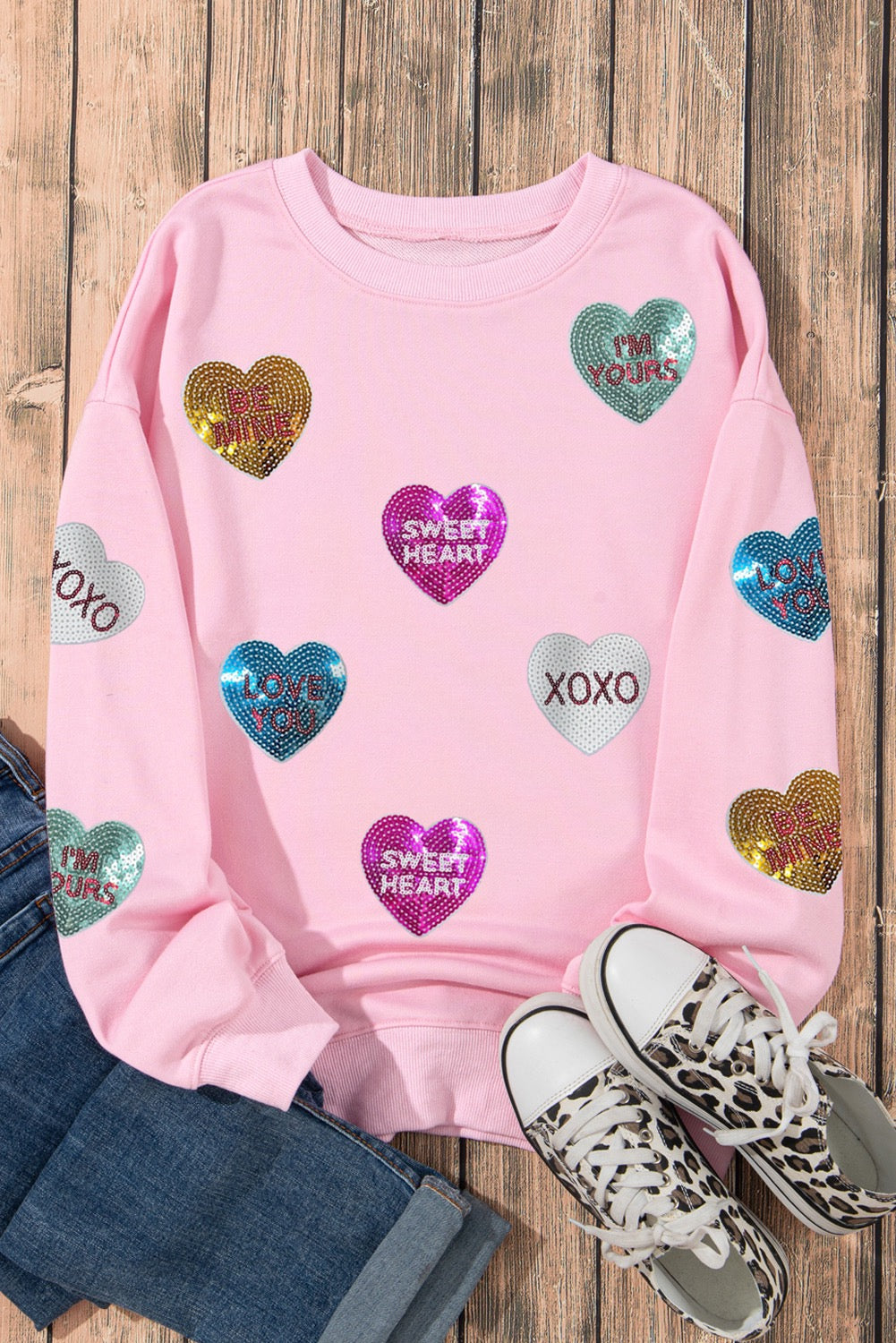 Pink Sequin Letters Heart Graphic Valentines Sweatshirt