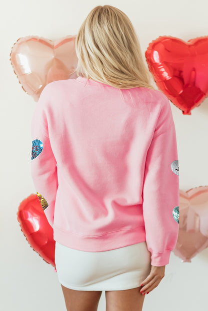 Pink Sequin Letters Heart Graphic Valentines Sweatshirt