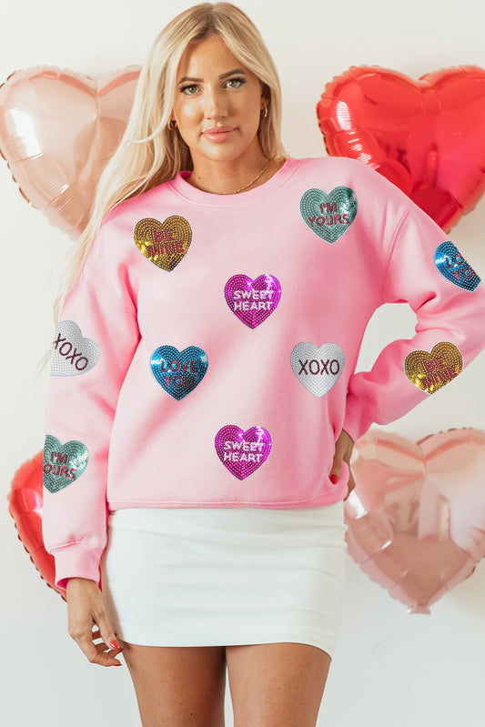 Pink Sequin Letters Heart Graphic Valentines Sweatshirt