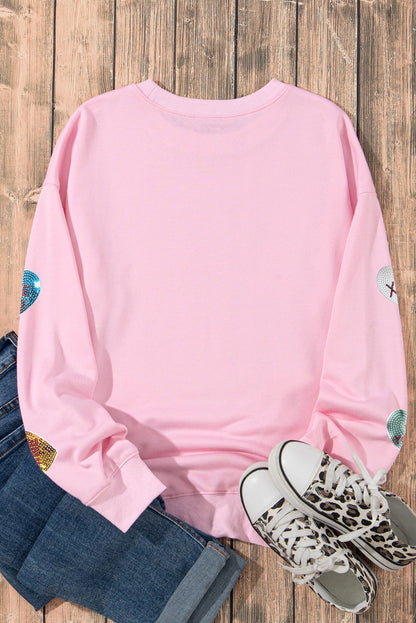 Pink Sequin Letters Heart Graphic Valentines Sweatshirt