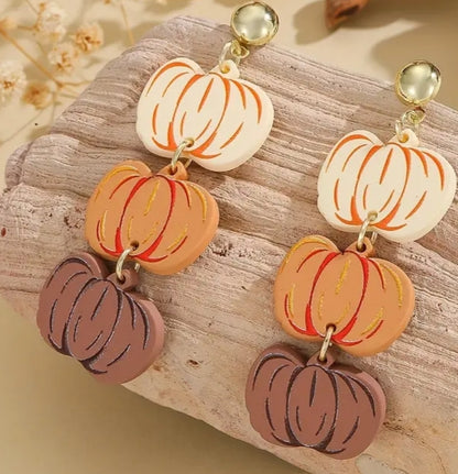 Trio of Pumpkins Long Dangle Earrings