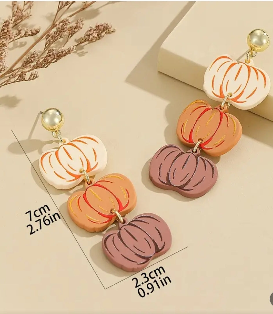 Trio of Pumpkins Long Dangle Earrings