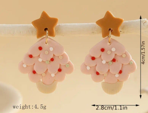 Pink Clay Christmas tree earrings