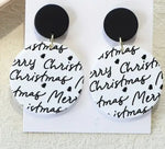 Circle Black & White Merry Christmas Earrings