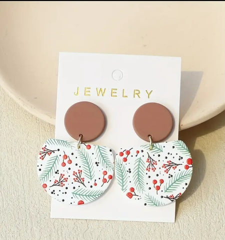 Christmas Berry & Pine Print Dangle Earrings