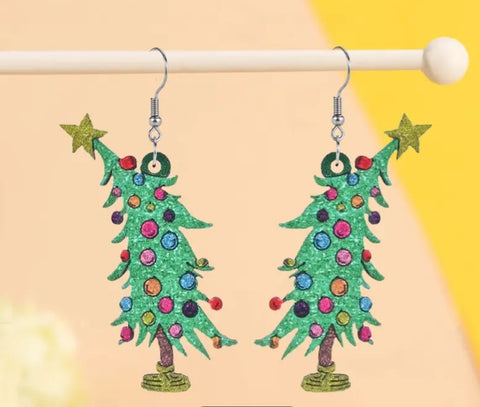 Wooden Christmas Tree Dangle Earrings