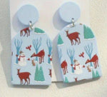 Deer & Snowman Pattern Blue Stud Dangle Earrings