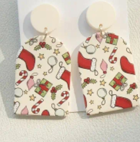 Stocking & Candy Cane Pattern White Stud Dangle