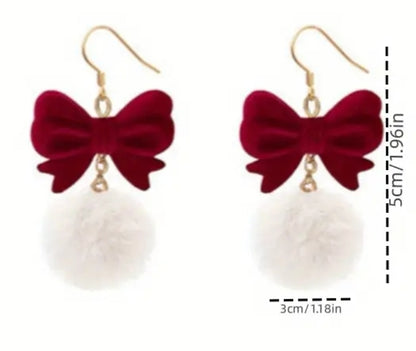 Red Bow Fluffy Snowball Dangle Earrings