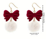 Red Bow Fluffy Snowball Dangle Earrings