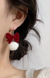 Red Bow Fluffy Snowball Dangle Earrings