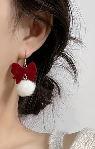 Red Bow Fluffy Snowball Dangle Earrings