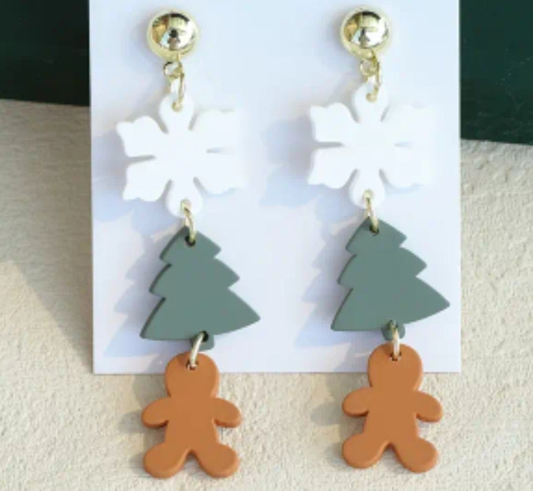 Snowflake Gingerbread Tree Dangle Earrings