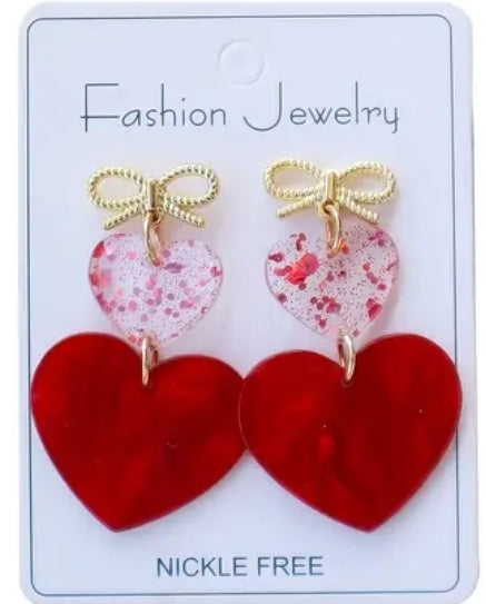 Acrylic Gold Bowknot Red Heart Dangle Earrings